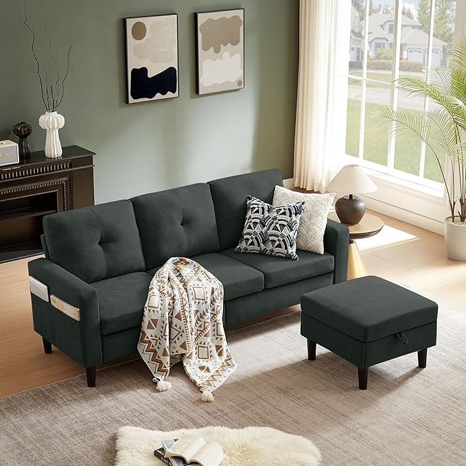 Pingliang Home Sectional Sofa Couches for Living Room, Modular 3 Seats Sectional Sofas L Shaped Couch with Storage and Reversible Chaise, Linen Fabric, 79" (Black)