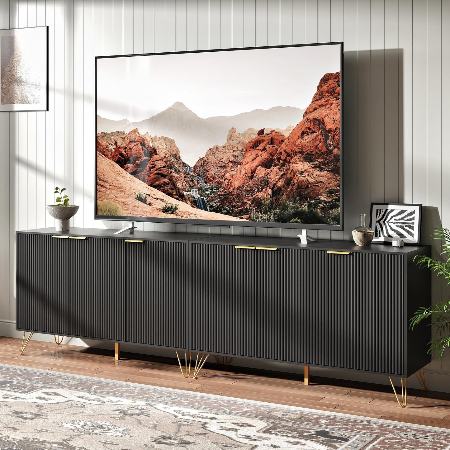 NOVAMAISON Fluted TV Stand for 100 Inch TV, Modern TV Stand Console, Black Entertainment Center with Storage Cabinets, Adjustable Shelves & Gold Handles, Wood Media Cabinet for Living Room