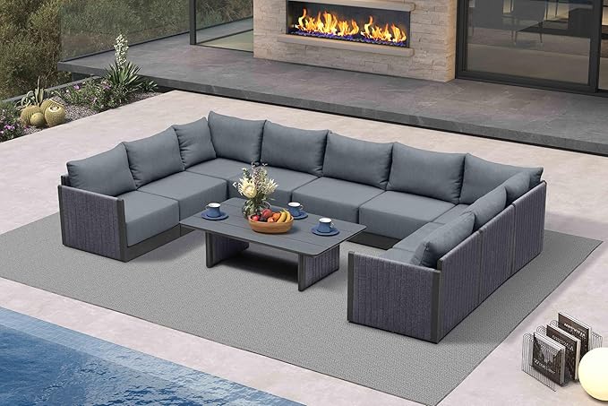 PURPLE LEAF 10 Pieces Patio Conversation Sets with Coffee Table All Weather Outdoor Couch Sectional Set with Cushion Patio Conversation Set Gray