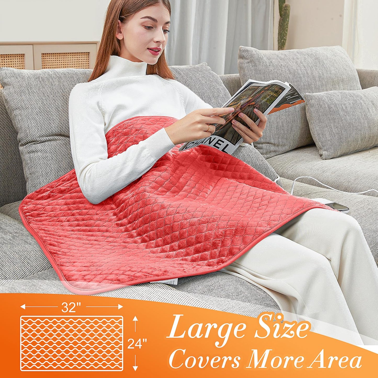 King Size Heating Pad for Back Pain 32"x24" Extra Large Electric Heating Pad for Period Cramps Relief & Body Neck Shoulder Auto Shut Off Heat Pad Temperature Settings Machine Washable Red