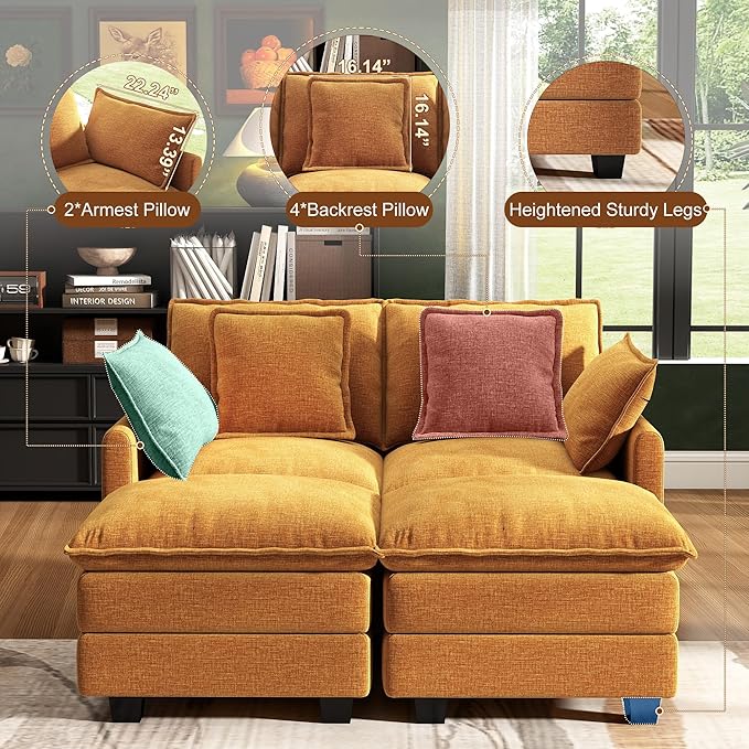 58" Cloud Couch Loveseat, Deep Seat Modular Sectional Sofa with 4 Removable Washable Pillows and 2 Ottoman for Living Room, Bedroom, Apartment, Orange