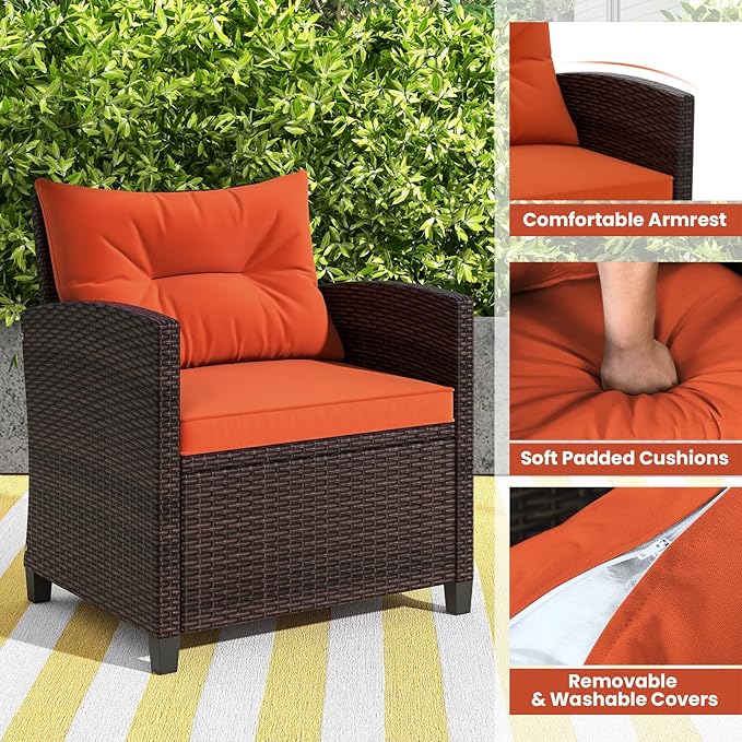 ORALNER 3 Pieces Patio Furniture Set, Outdoor Wicker Conversation Set Rattan Chairs with Cushions, Glass Coffee Table, Bistro Set for Front Porch Balcony Garden Deck Poolside (Orange)