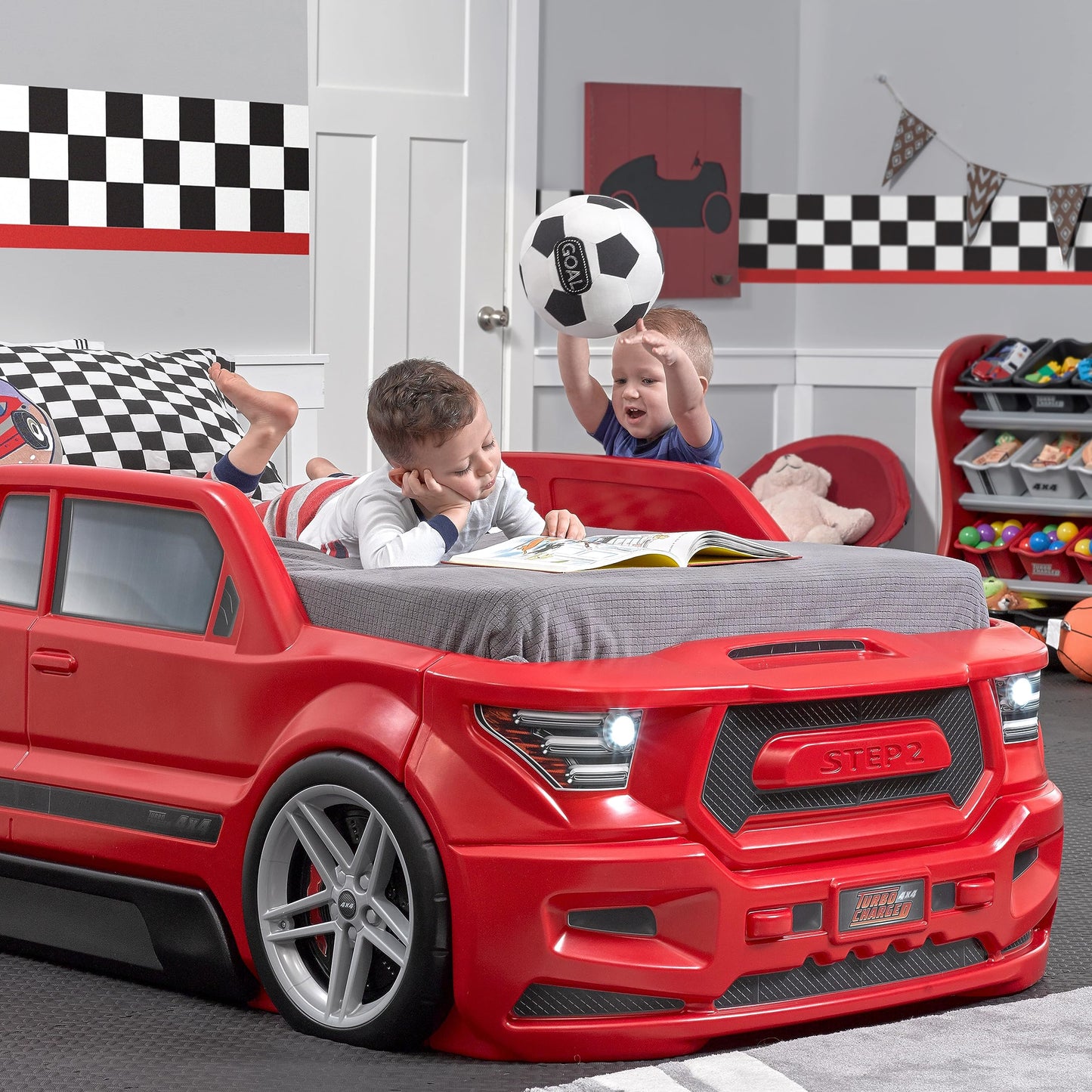 Step2 Turbocharged Twin Size Truck Car Bed, Car Bed for Boys & Girls, Working Headlights & Built-In Storage, Made of Durable Plastic, For Toddlers 3+ Years Old, Vibrant Red