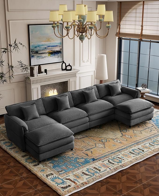 RENDGO 143" Modular Sectional Sofa, Chenille Cloud Couch for Living Rooms & Apartment, Deep Seat Comfort, Flexible U-Shape Combination Sofa for Family Guest Rooms,2 Ottoman,Grey
