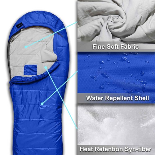 Azitrek 0 Degree Camping Sleeping Bags Mummy for Adults Youth | XXL Big and Tall 3-4 Season Warm Cool Winter Cold Weather Sleeping Bag w. Compression Sack | Side Sleeper Friendly (Lake Tahoe Blue)