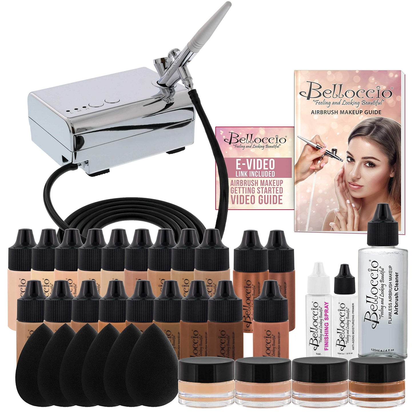Complete Professional Belloccio Airbrush Cosmetic Makeup System with a MASTER SET of All 17 Foundation Color Shades in 1/4 oz Bo