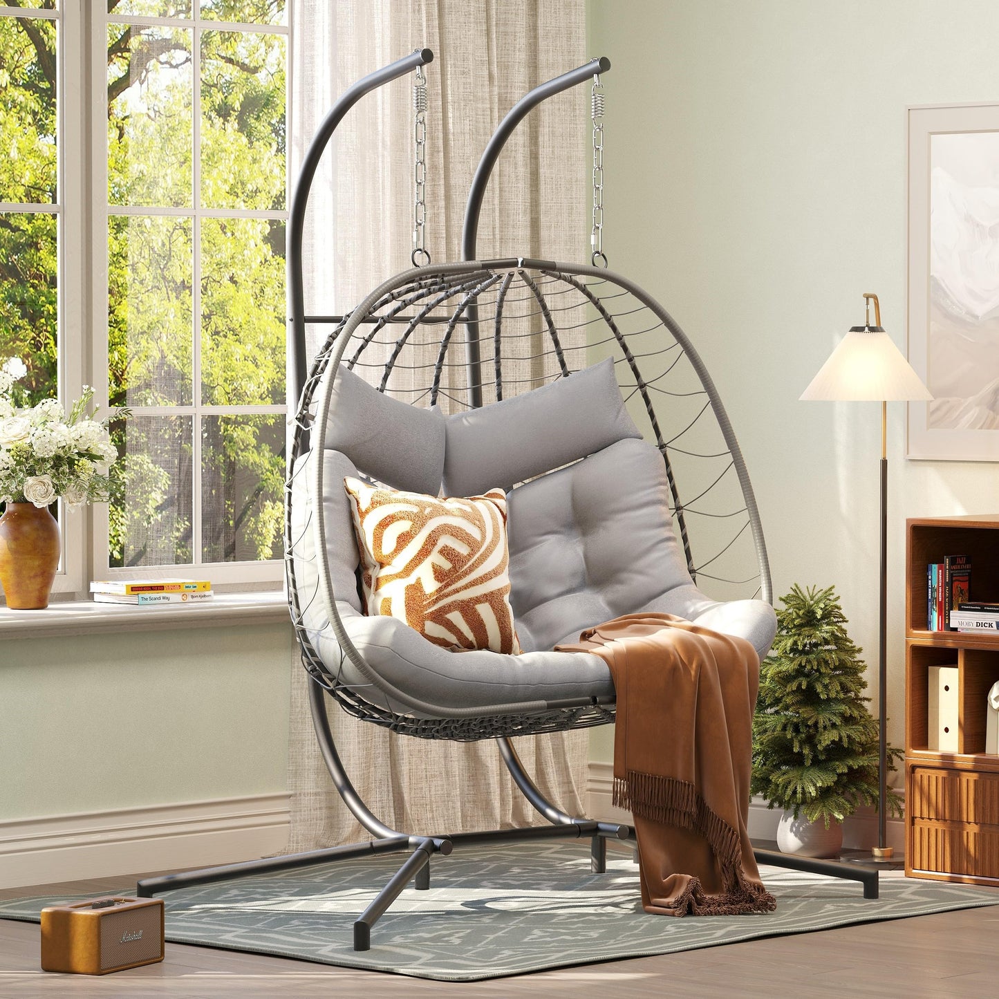 Patiorama 2 Person Double Egg Swing Chair with Stand Indoor Outdoor, Patio Wicker Rattan Hanging Egg Chair w/Cushion, Pillow, Foldable Hammock Chair 550lbs for Bedroom, Balcony, Garden (Light Grey)