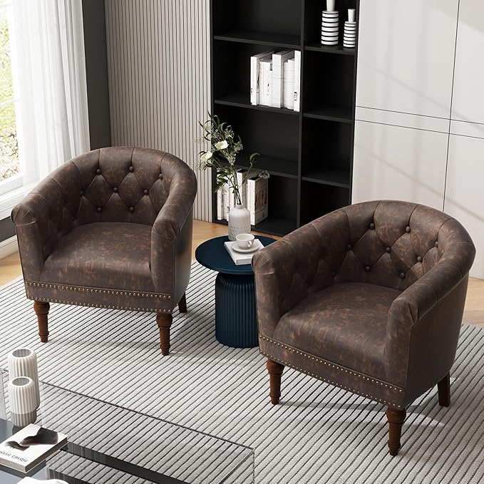 UIXE PU Leather Barrel Club Chairs Set of 2, Modern Arm Accnet Chair Comfy Upholstered Armchair, Nailhead Trim Living Room Single Sofa Reading Seat Bedroom Side Sitting for Office, Chocolate