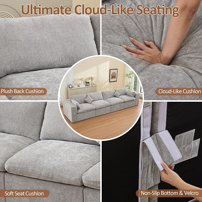 155''Cloud Boneless Sectional Couch, Modular Sectional Sofa Deep Seat, Oversized Upholstered Convertible Comfy 4 Seater Chenille Memory Foam Sofa Couches for Living Room, Light Grey