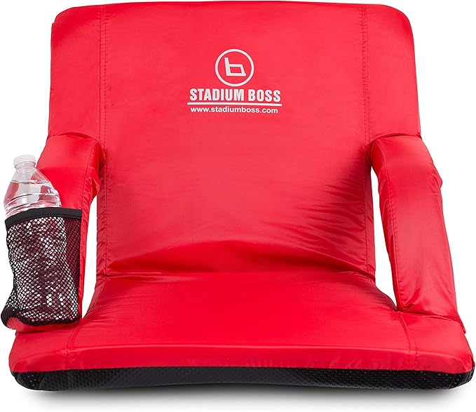 Stadium Boss Recliner Stadium Seat for Bleachers, Benches, Lawns, Backyard, Camping & Beach – Padded Sport Chair, Cushion Backs & Armrest – 6 Reclining Positions – Portable Carry Straps – Red