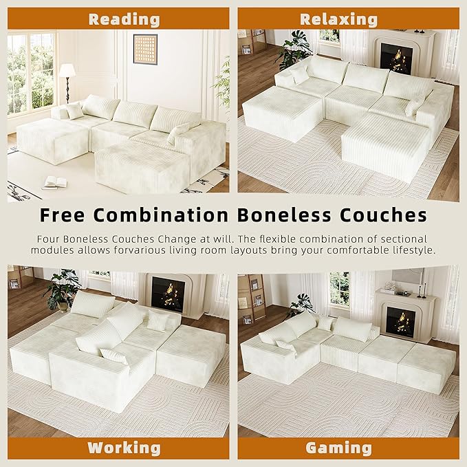 CABZOON 110" Cloud Couch Sectional for Living Room U-Shape Boneless Couches Modular Sectional Sofa with Deep Seat with Chaise,No Assembly Required, Carbon White(Plush Corduroy Fabric)