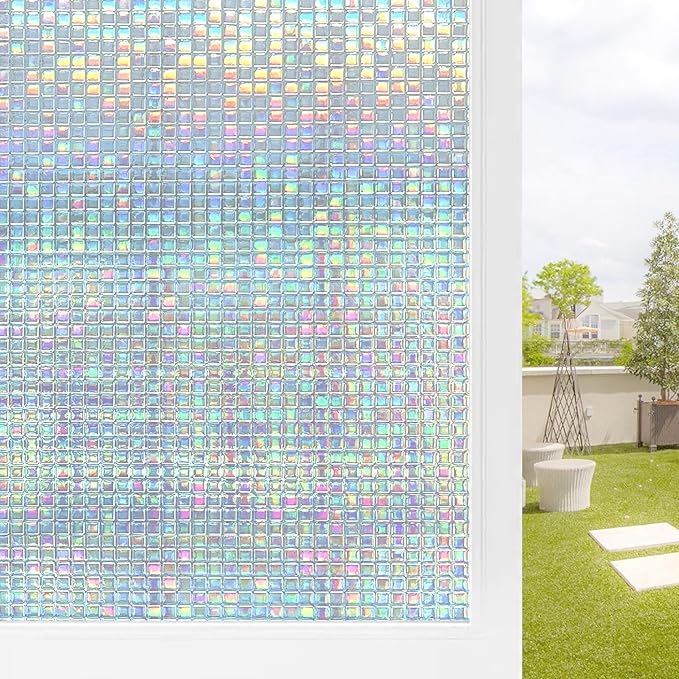 Privacy Window Film Stained Glass Non-Adhesive Rainbow Window Film Home Decorative Vinyl Static Cling Window Stickers Window Covering for Glass Door Bedroom Office 35.4 Inch x 6.8 Feet