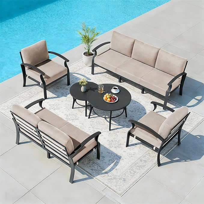 RTDTD Aluminum Outdoor Patio Furniture Set,7 Seats Patio Conversation Sets with 2 Round Coffee Tables,Metal Patio Sectional Furniture Set with 5.1" Thickened Cushions,Sand
