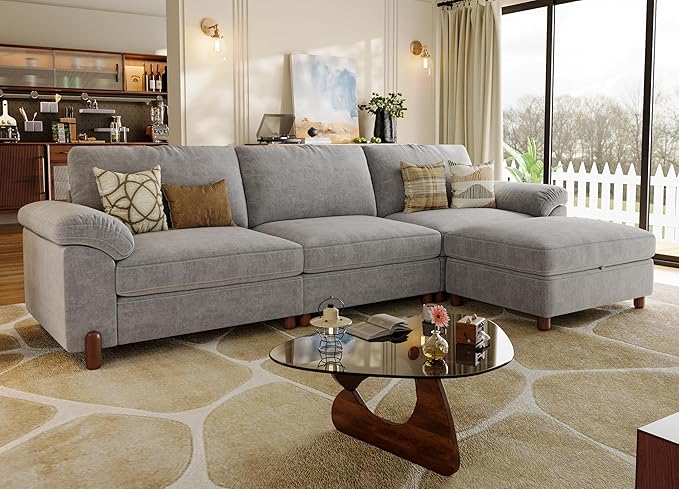 SITJOY 118" Oversized Sectional Couches for Living Room, Extra Large Deep Seat Modular Sofa with Washable Covers, 3 Seater L Shaped Couch with Chaise, Storage Ottoman, Chenille in Light Gray