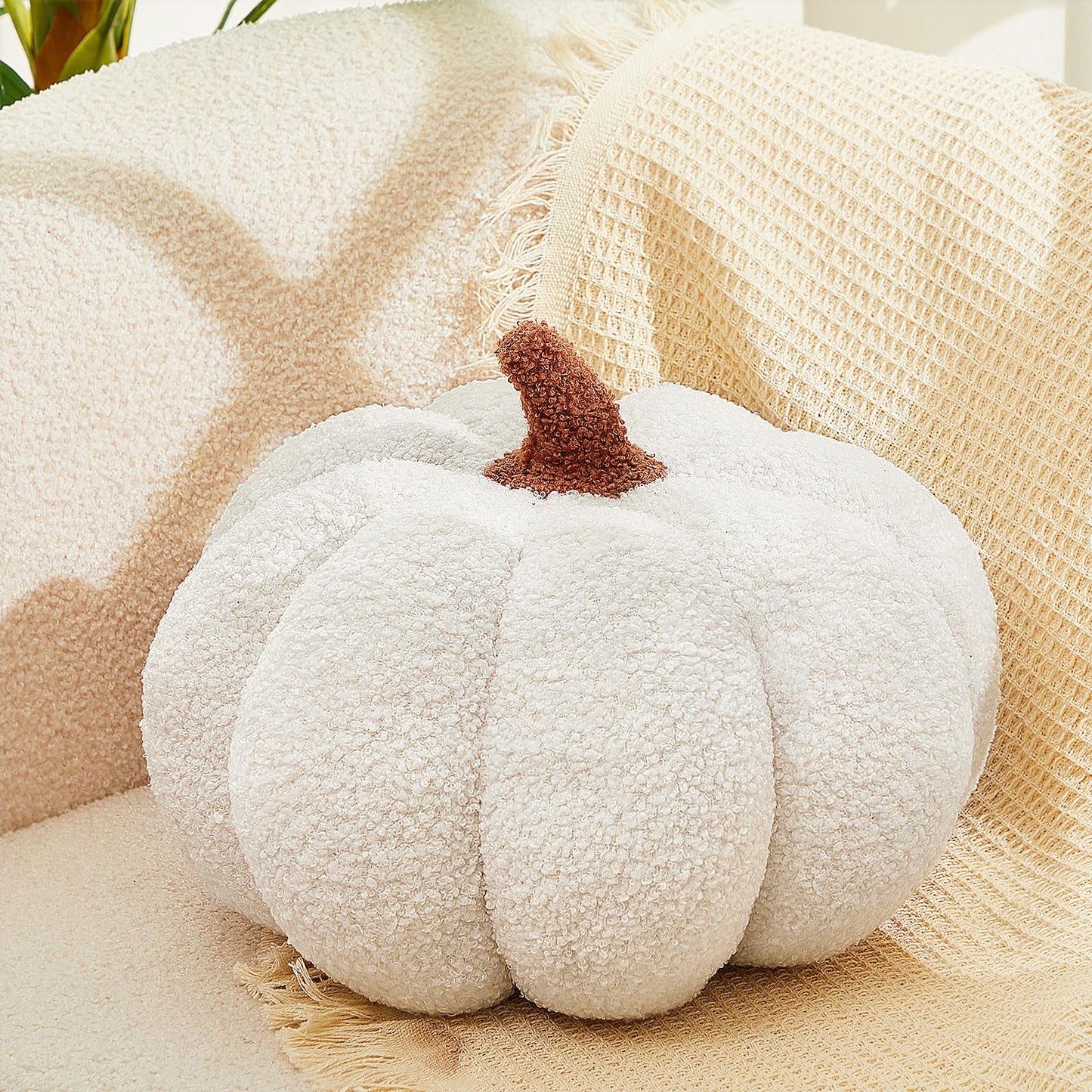Juexica 7 Inch Halloween Stuffed Pumpkin Pillow Fluffy Plush 3D Pumpkin Shaped Decoration Fall Thanksgiving Cushion Pillow Soft Cute Throw for Sofa Couch Supplies(White)
