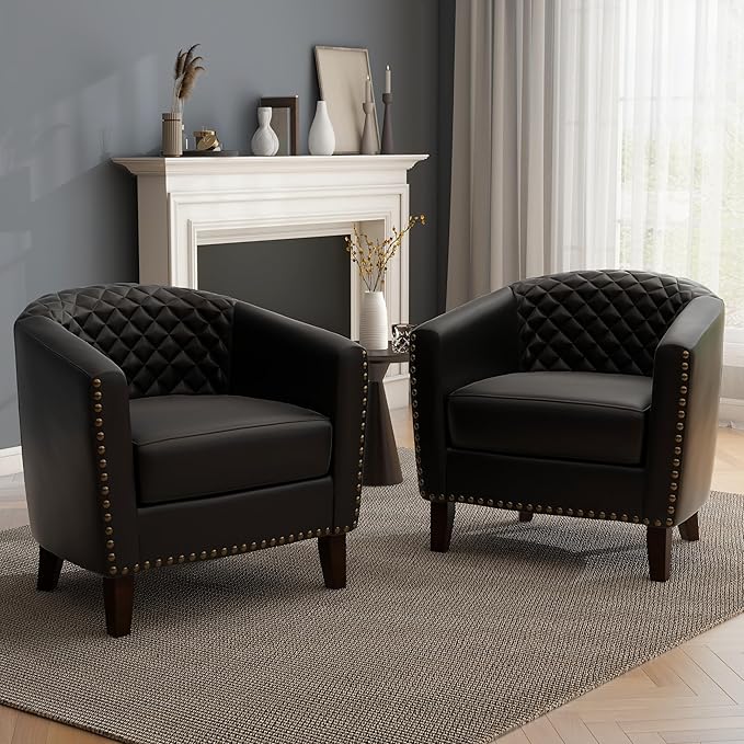 UIXE PU Leather Accent Chair, Barrel Club Chair Modern Upholstered Armchair for Living Room, Comfy Nailed Trim Arm Chair Bedroom Reading Seat, Black
