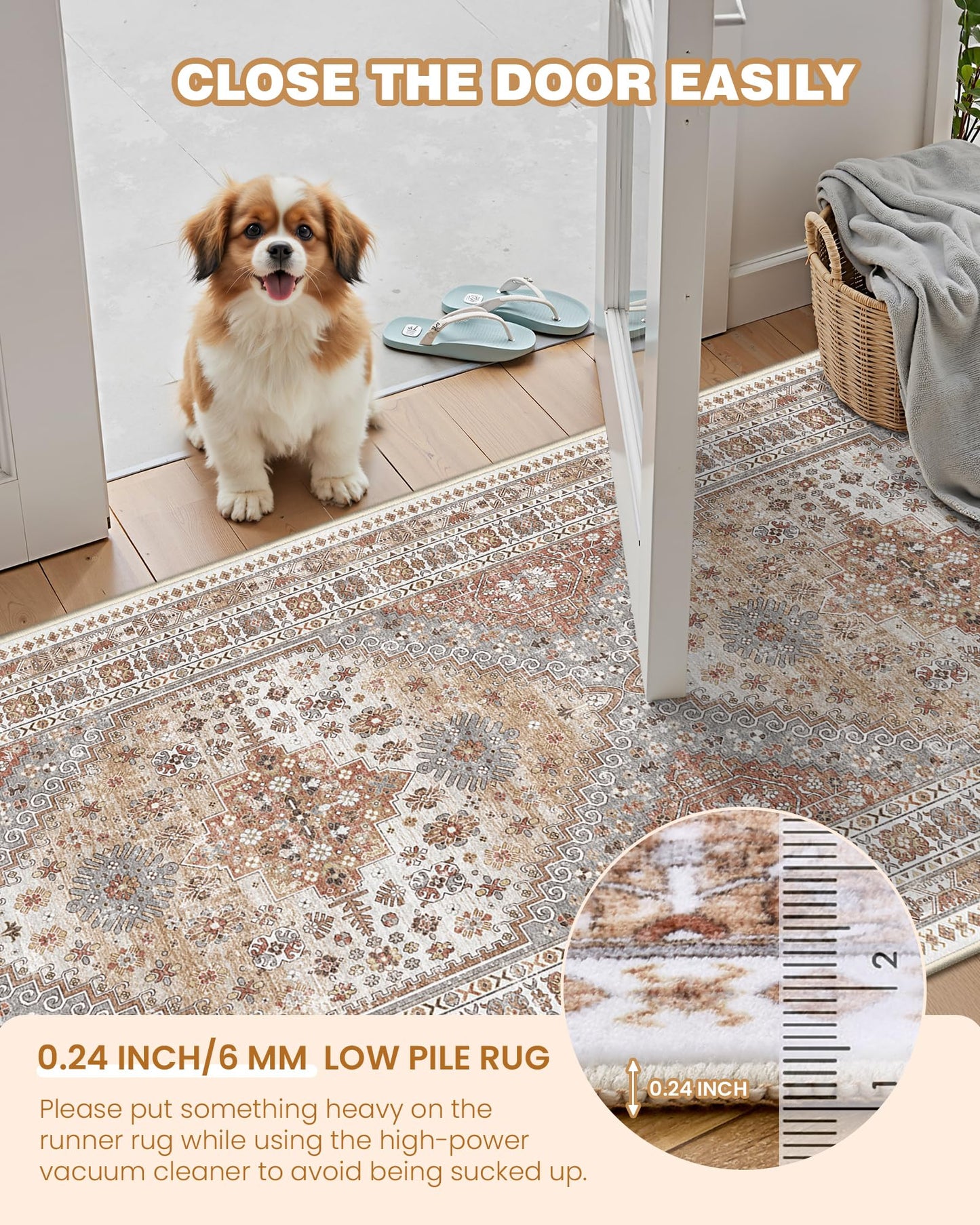 Restydon Hallway Runner Rug 2x12, Extra Long Washable Runner Rugs with Rubber Backing, Non Slip Runner, Vintage Rug Runners for Kitchen Laundry Room Entryway (Orange,2'x12')