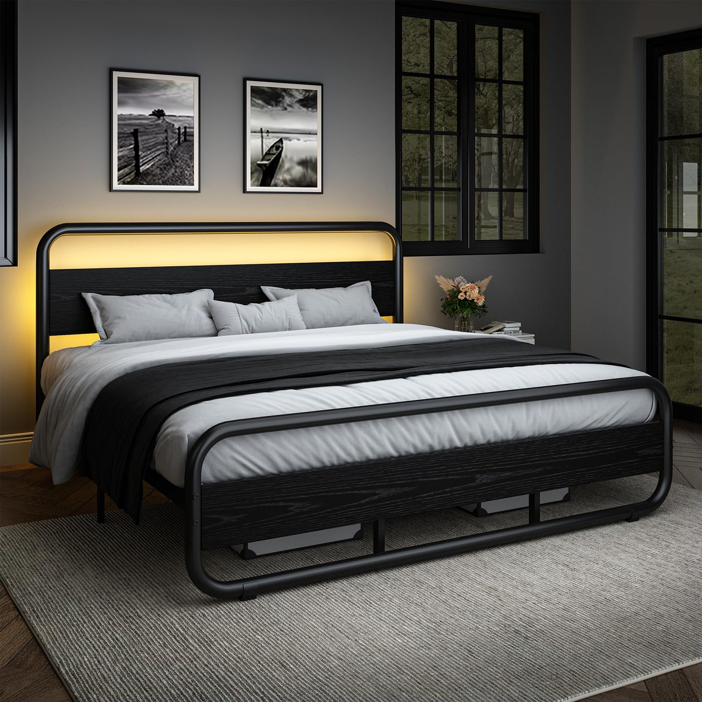 Catrimown Queen Bed Frame with Headboard LED Bed Frame Queen Size Heavy Duty Metal Rustic Bed Frame Queen Size Wood Platform Bed Frame Under Bed Storage Noise Free No Box Spring Needed (Black, Queen)