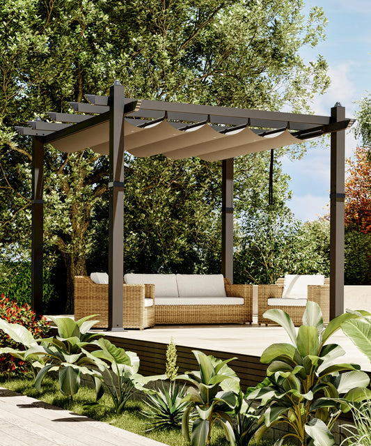 GarveeLife 10x10 ft Aluminum Pergola, Outdoor Metal Pergola with Adjustable Canopy, Reinforced Frame Outdoor Shelter for Backyard, Lawn and Deck - Khaki