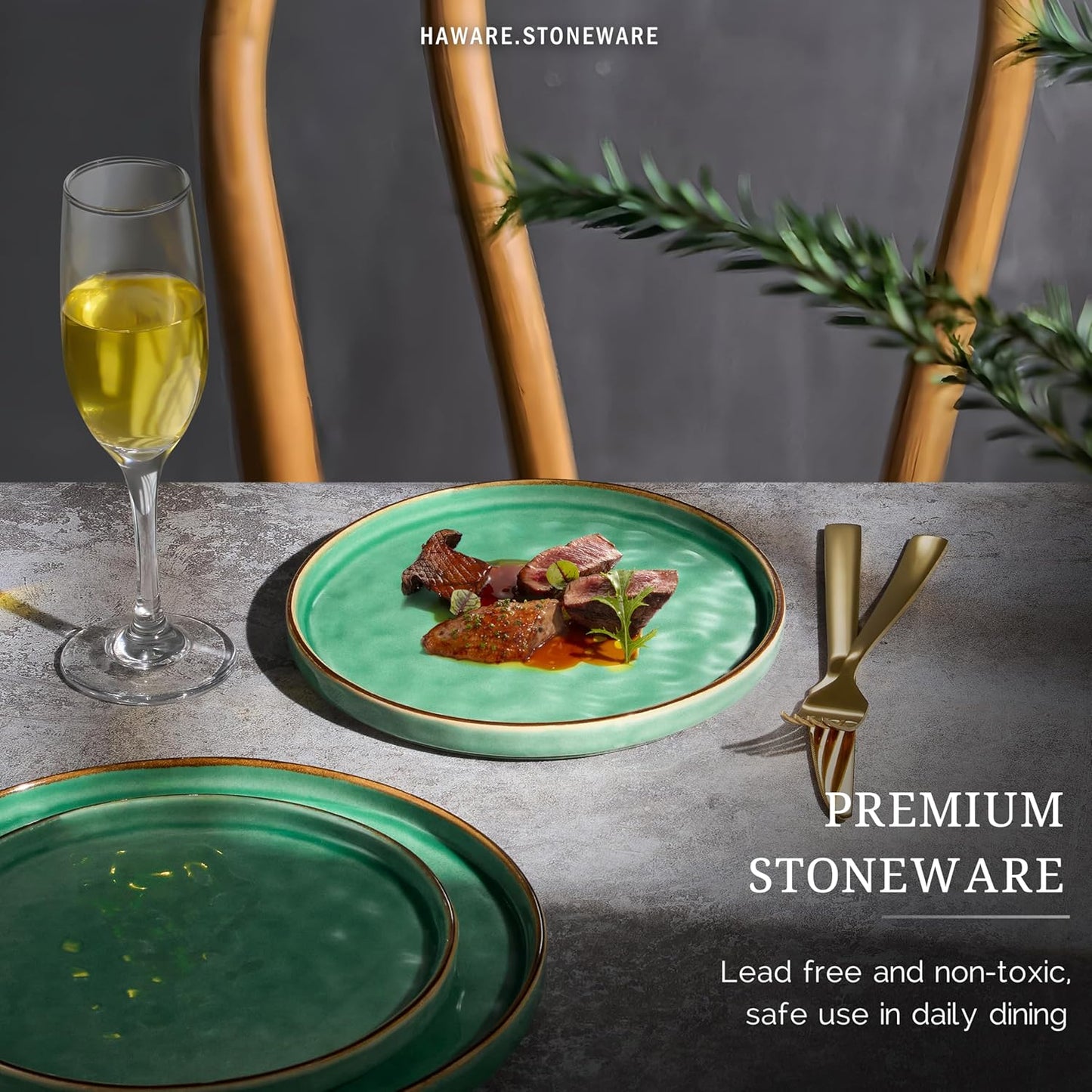 HaWare Stoneware Plates Set of 6, 7.9" Salad Plates, Reactive Glaze Ripple Ceramic Dish Set for Appetizer, Dessert, Scratch Resistant, Small Dinner Plate, Microwave and Dishwasher Safe, Reactive Green