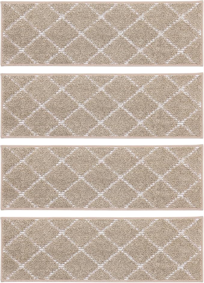 BEQHAUSE Stair Treads Non Slip Stair Runners for Wooden Steps Machine Washable Polyester Soft Stair Rugs 28inX9in Beige Stair Mats Safety Edging Stair Rugs for Dogs,Elders and Kids 4pcs