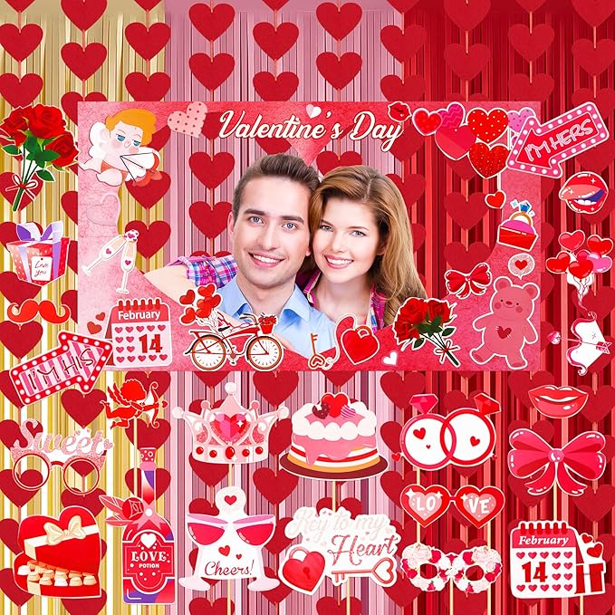 AceOrbit 105 Pcs Valentine Day Photo Booth Prop Kit Large Size Photo Kissing Booth Frame Hand Props Red Hearts Felt Hangin...