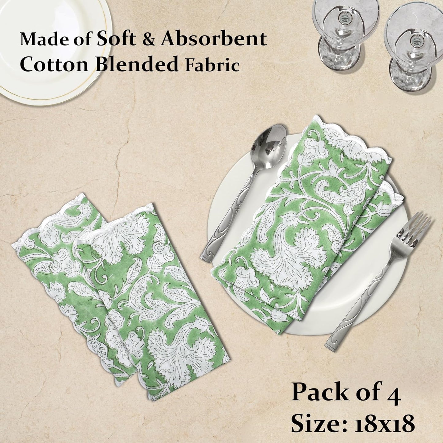 Ridhi Sage Green Hand Block Print Napkins 18" x 18" Set of 4 Reusable Cotton Dinner Napkins for Weddings, Parties & Everyday Dining, Thanksgiving, Christmas, Fall