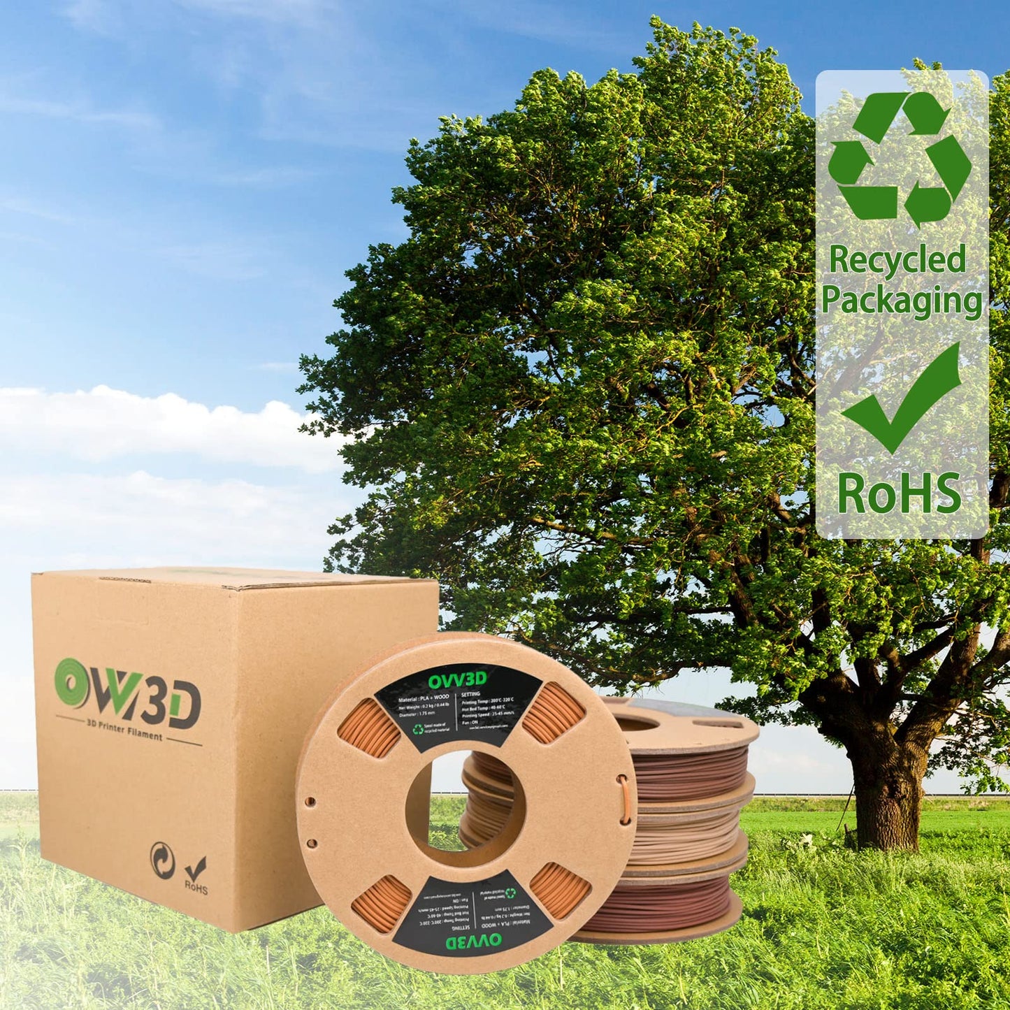 OVV3D Wood 3D Printer Filament Bundle, Wood PLA Filament 1.75mm Bundle, Add More Than 30% Real WoodFiber, Walnut, Oak, Cherry, Teak, 1.75 PLA Filament 3D Printing Filament, 200g X 4 Pack