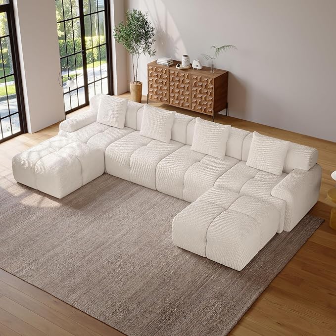 135" Modern L Shaped Modular Sectional Sofa, 6 Seater Convertible Chenille Cloud Couch Sofa Set, Boneless Couches for Living Room with Ottoman, No Assembly Required, White
