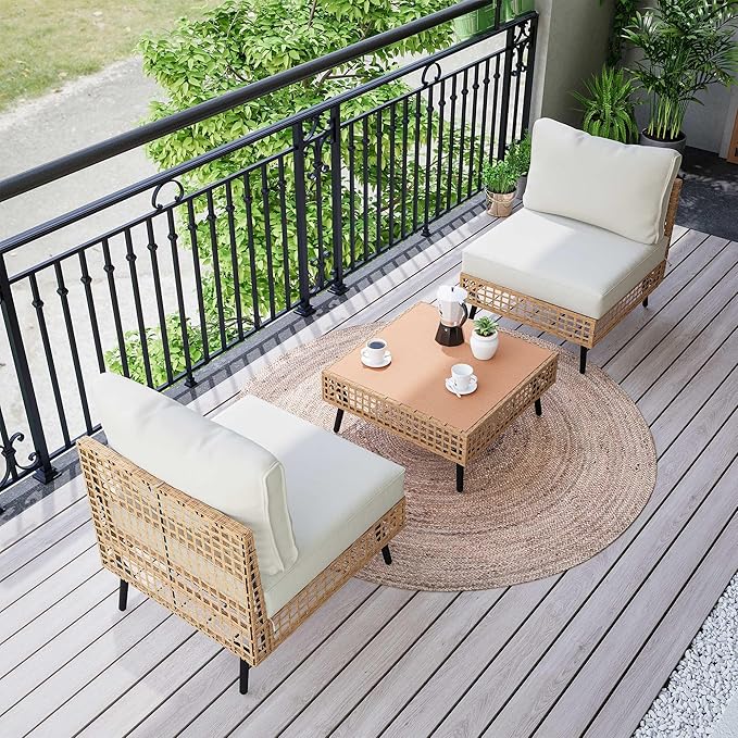 LAUSAINT HOME 3 Pieces Outdoor Sectional Sofa Set, All-Weather PE Wicker Rattan Patio Conversation Set with Thick Cushions & Coffee Table, Patio Furniture Set for Garden, Backyard, Porch (Beige)