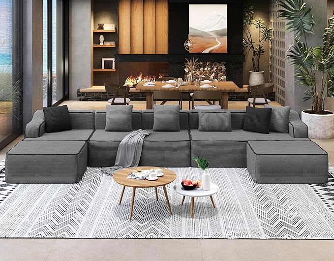 SUNSHINE VALLEY U Shaped Boneless Modular Cloud Couch, 162'' Oversized Corduroy Sectional Sofa for Living Room, 6-Seat Upholstered Modern Couch with Deep Seat, No Assembly Required, Grey