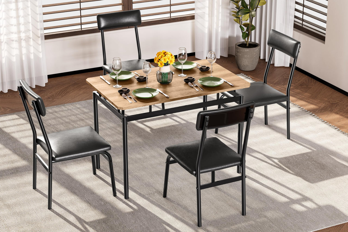 Garvee Dining Table Set for 4, 5 Piece Wooden Dining Room Table Set, 4 PU Upholstered Chair, Modern Metal Frame Dinette Set for Dining Room, Home Dinner, Party, Kitchen, Black