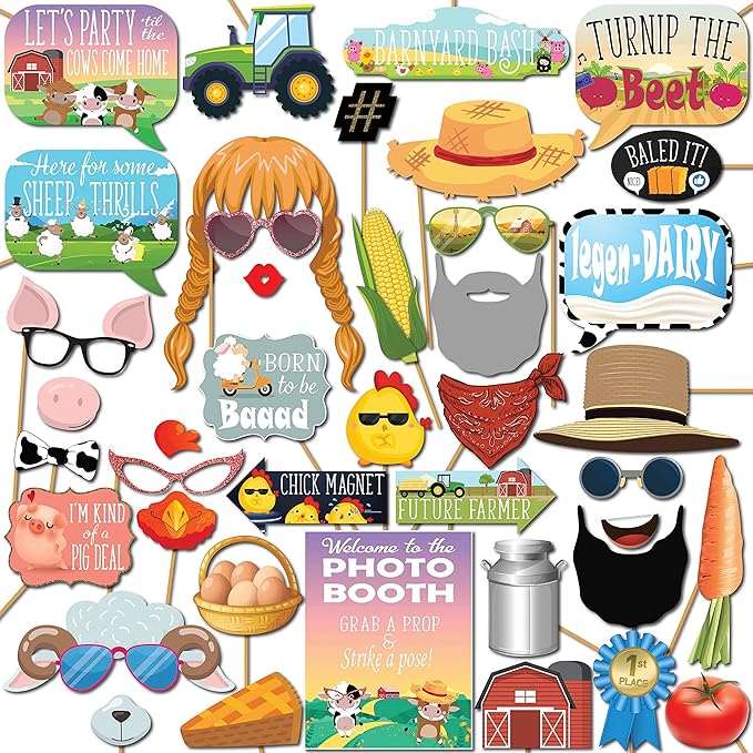 Farm Animal Photo Booth Props - 41-pc Photo Booth Kit with 8 x 10-Inch Sign, 60 Adhesive Pads, 45 Sticks - Cowboy and Farm...