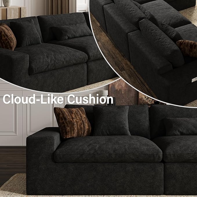 160'' Oversized Boneless Sectional Couches for Living Room, Deepseat Boneless Cloud Modular Sectional Sofa with Ottoman, No Assembly Required L-Shape Cloud Sofa, Plush Fabric, Black