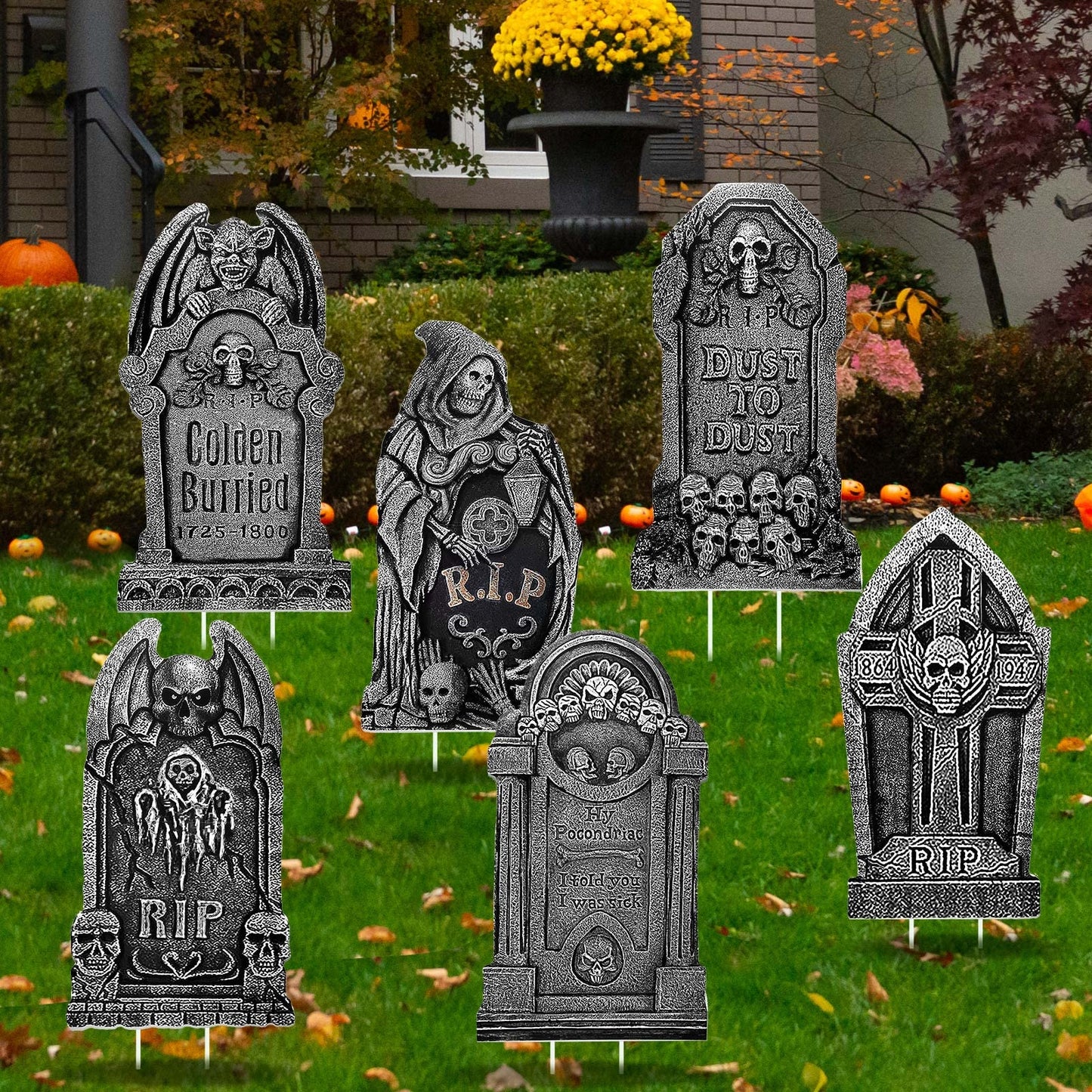 Yerliker 6 Styles 27 Inch Halloween Tombstone Outdoor Decorations Yard Stakes Signs Graveyard Tombstones for Halloween Props Lawn Decorations