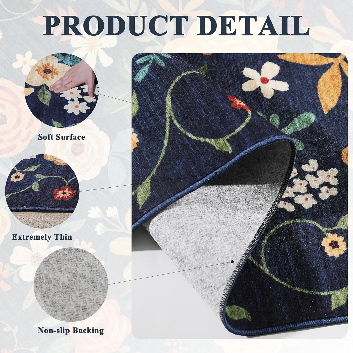 DUKINO 2x4 Rug for Entryway, Washable Kitchen Floral Runner Rug with Non Slip Backing, Low Pile Soft Boho Carpet for Kitchen, Hallway, Entryway, Laundry, Bedroom, Navy Blue