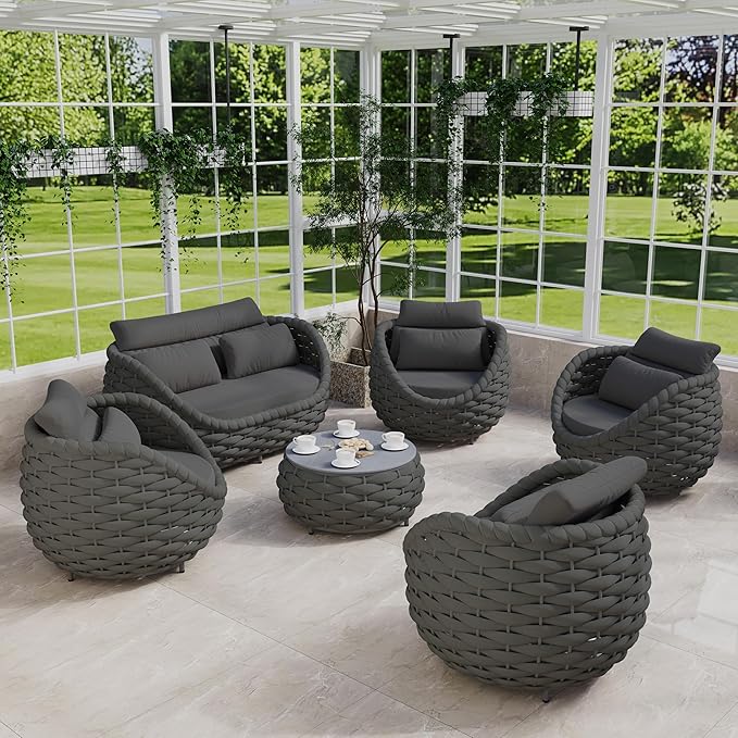 Erotr Rope Outdoor Patio Furniture Set: 6 Pieces Aluminum Porch Conversation Sofa Set - Modern Woven Deck Couch Set Cushioned - No Assembly All Weather for 660lbs Yard Garden Lanai Hotel, Dark Gray