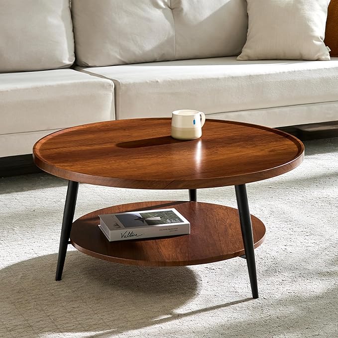 Saint Mossi Modern Coffee Table for Living Room, Mid-Century Round Wood Coffee Table, 2-Tier Center Table for Small Space, Walnut, W31xH15