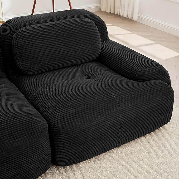 SoarFlash 117" Modern L-Shaped Modular Sectional Sofa for Living Room, Corduroy Upholstery Oversized 3-Seater Couch with Deep Seat and Movable Ottoman-No Assembly, Black