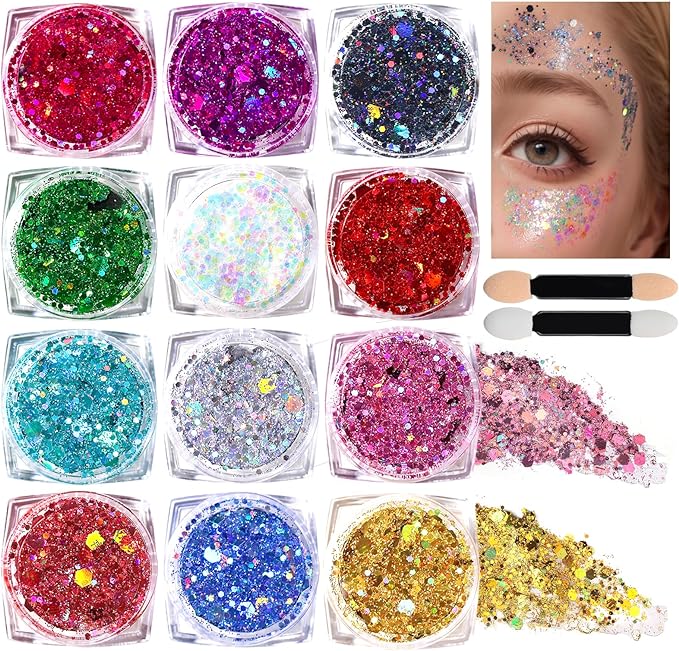 Teenitor Body Glitter Face Glitter Makeup Festival Glitter, 12 Colors Face and Body Glitter Gel, Hair Glitter Gel, Body Ma...