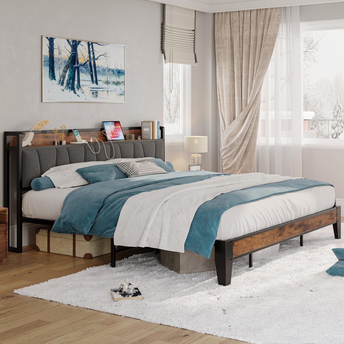 LIKIMIO California King Bed Frames, Storage Headboard with Charging Station, Solid and Stable, Noise Free, No Box Spring Needed, Easy Assembly