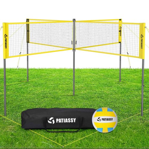 Patiassy 16FT 4 Square Volleyball Game Set with Adjustable Height, 4-Way Volleyball/Badminton Net Outdoor for Backyard, Lawn and Beach with Portable Carry Bag