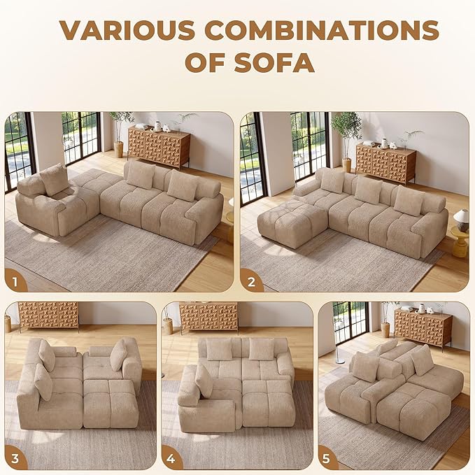 104" Modern L Shaped Modular Sectional Sofa, 4 Seater Convertible Chenille Cloud Couch Sofa Set, Boneless Couches for Living Room with Ottoman, No Assembly Required, Brown