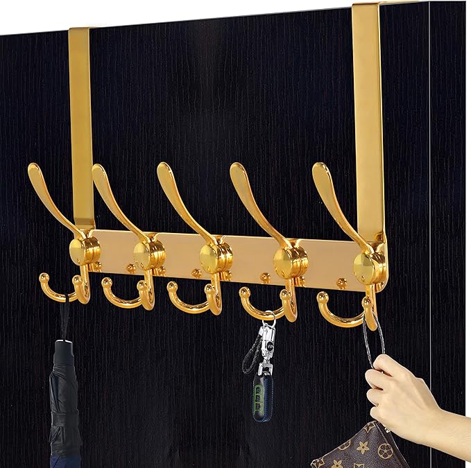 Dseap Over The Door Hook Hanger - 5 Tri Hooks, Heavy Duty Over The Door Towel Rack Coat Rack for Clothes Hat Towel,Gold