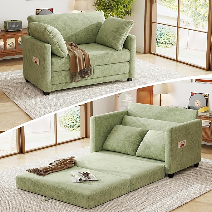 kakuboohi 51" Loveseat Sleeper Sofa Bed, Chenille Convertible Floor Sofa Bed for Small Spaces, Folding Couch Bed with Deep Seat, 2 Pillows & Solid Frame, Pull Out Couch for Living Room, Light Green