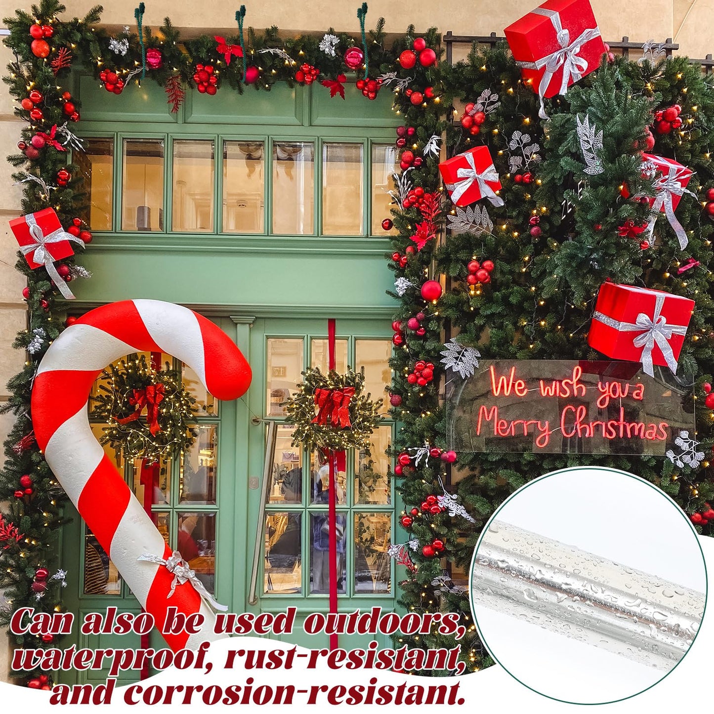 Leinuosen Christmas Front Door Garland Hanger 43-74 Inch Adjustable Christmas Wreath Hanger Stainless Steel Retractable Rod with 3 Green Tie Ropes No Nails Screws No Damage for Xmas DIY Hanging Decor