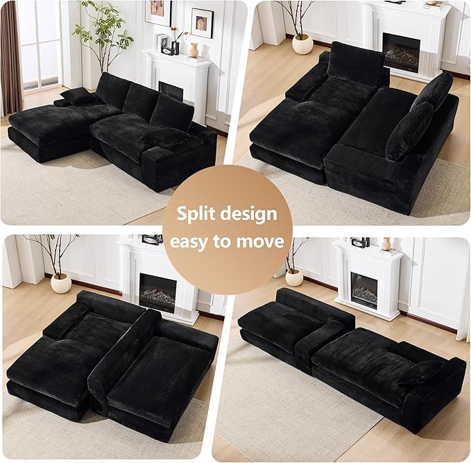 98.4" Black Sectional Sofa Cloud Modular Sectional Couch with Chaise,Corduroy Sectional Couches L-Shaped Modern Upholstered Sofa with Deep Seat for Living Room and Bedroom,No Assembly Required(Black)