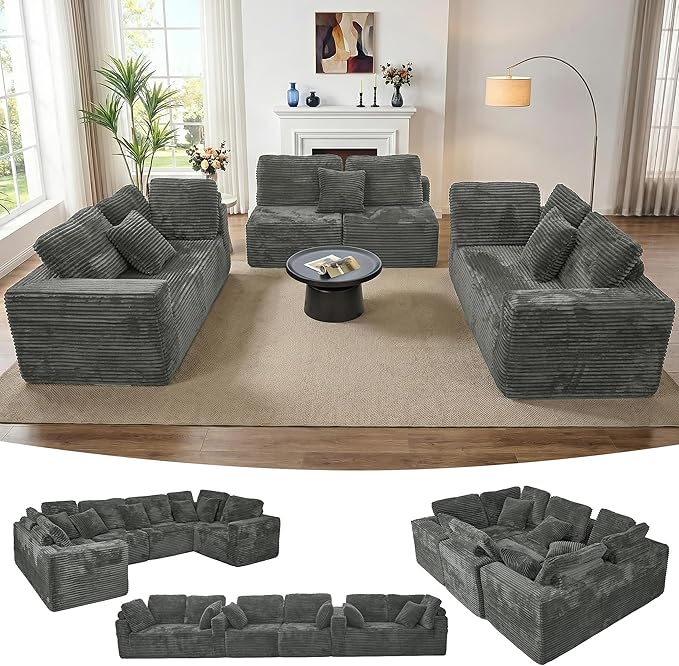 SEENYOO 135.5" Cloud Sectional Couch,Boneless Corduroy Sofa for Living Room,Oversized U Shaped Sofa with Chaise,Deep Seat,No Assembly Required,Modular Sectional Sofa（Grey）