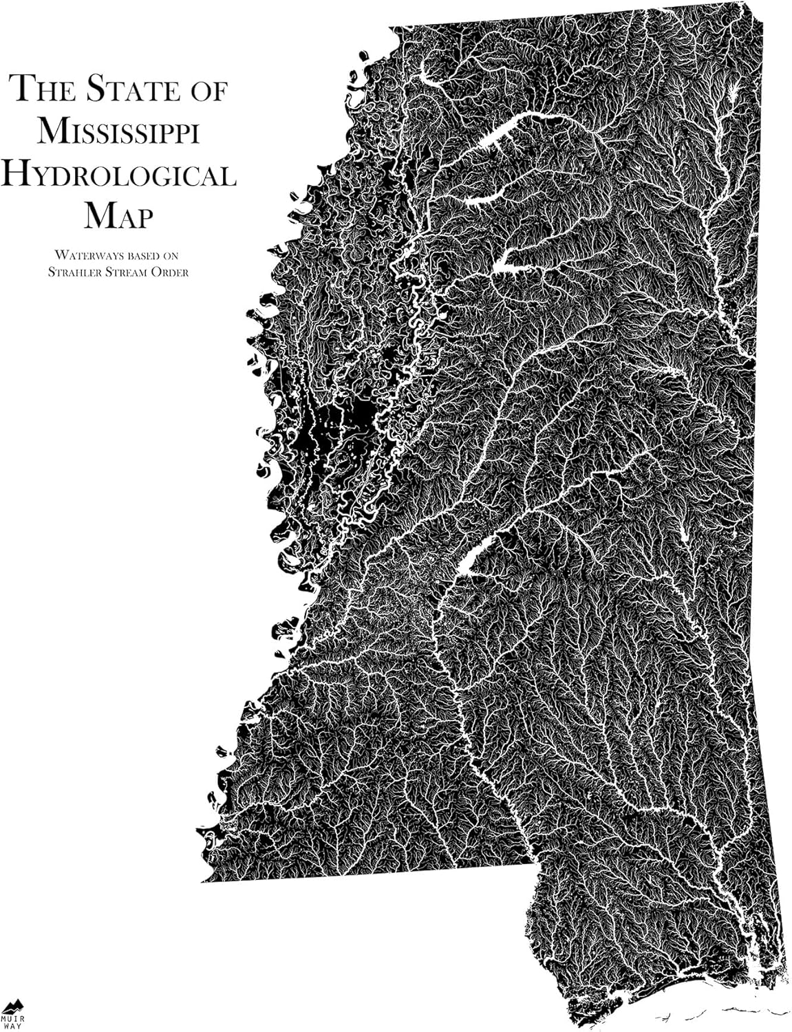 Muir Way Hydrological River Map of Mississippi - Watershed Topographic Wall Art for Home, Office, or Travel Decor - Unframed Flat Paper Print, 24x30