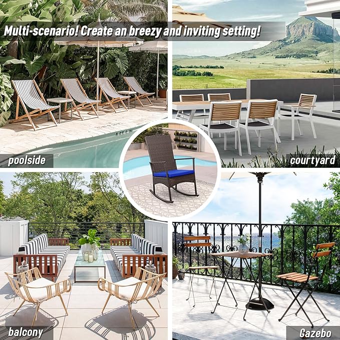 Outdoor PE Wicker Rocking Chair 3-Piece Patio Rattan Bistro Set 2 Rocker Armchair and Glass Coffee Side Table Furniture Washable Lacing Cushions, Blue